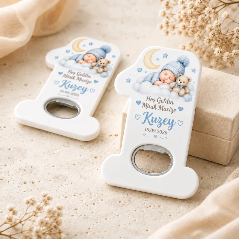 Hoş Geldin Bebek Açacak Magnet – Kişiye Özel Yenidoğan Hediyeliği (Bej Yaprak Desenli)
