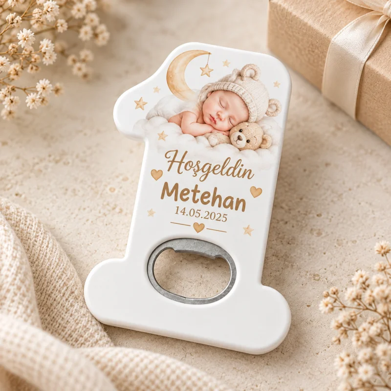 Hoş Geldin Bebek Açacak Magnet – Kişiye Özel Yenidoğan Hediyeliği (Bej Yildizli Hosgeldin)