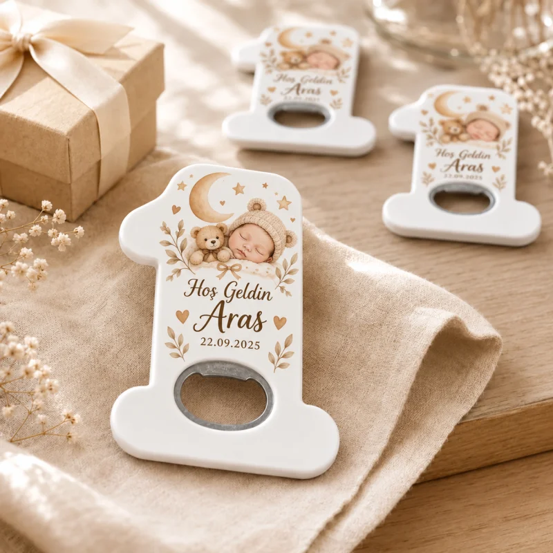 Hoş Geldin Bebek Açacak Magnet – Kişiye Özel Yenidoğan Hediyeliği (Beyaz Ay Ayi)