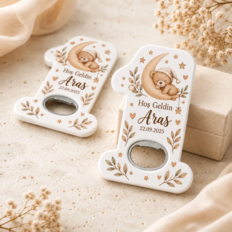 Hoş Geldin Bebek Açacak Magnet – Kişiye Özel Yenidoğan Hediyeliği (Beyaz Modern Hosgeldin)