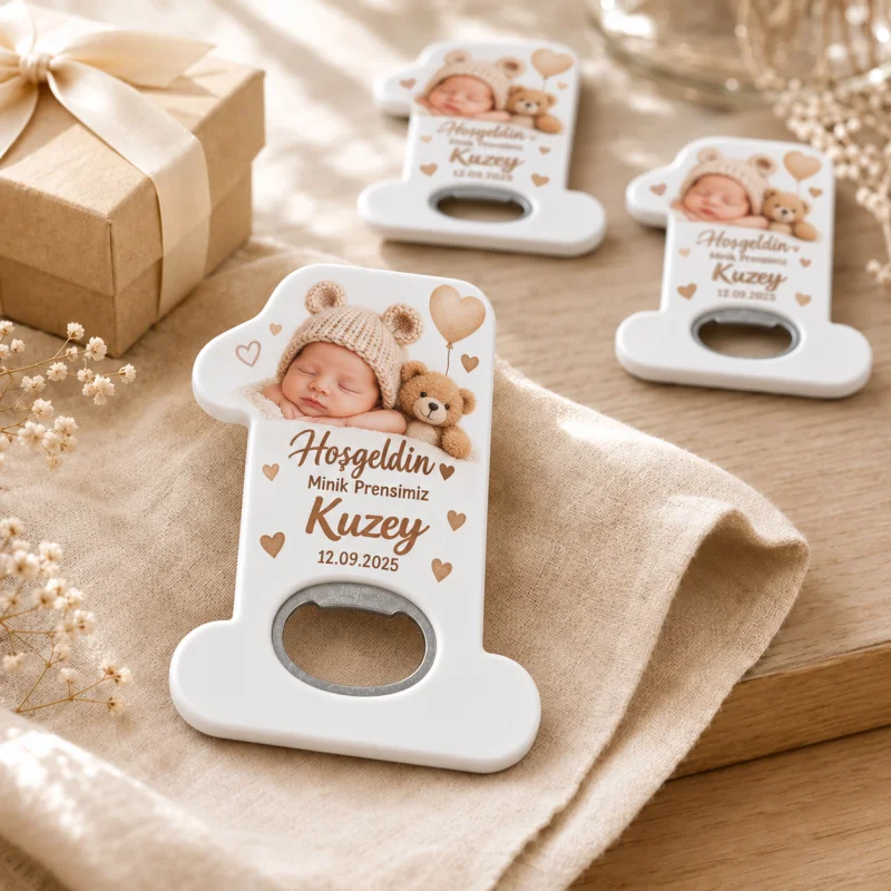 Hoş Geldin Bebek Açacak Magnet – Kişiye Özel Yenidoğan Hediyeliği (Kahve Ayicik Hosgeldin)