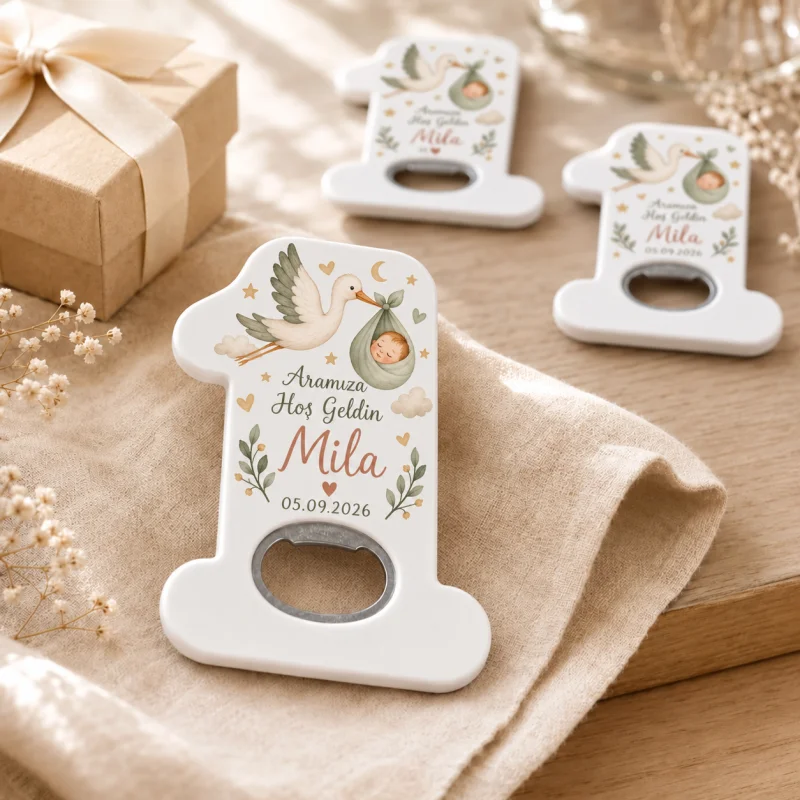 Hoş Geldin Bebek Açacak Magnet – Kişiye Özel Yenidoğan Hediyeliği (Leylekli Bebek)