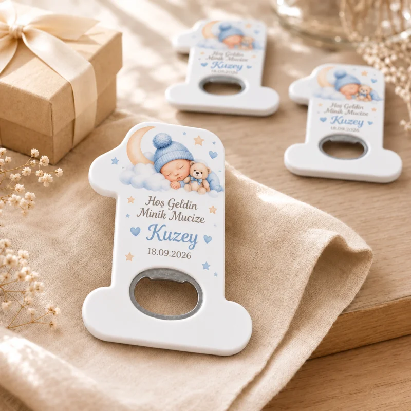 Hoş Geldin Bebek Açacak Magnet – Kişiye Özel Yenidoğan Hediyeliği (Mavi Ayicik Yildiz)