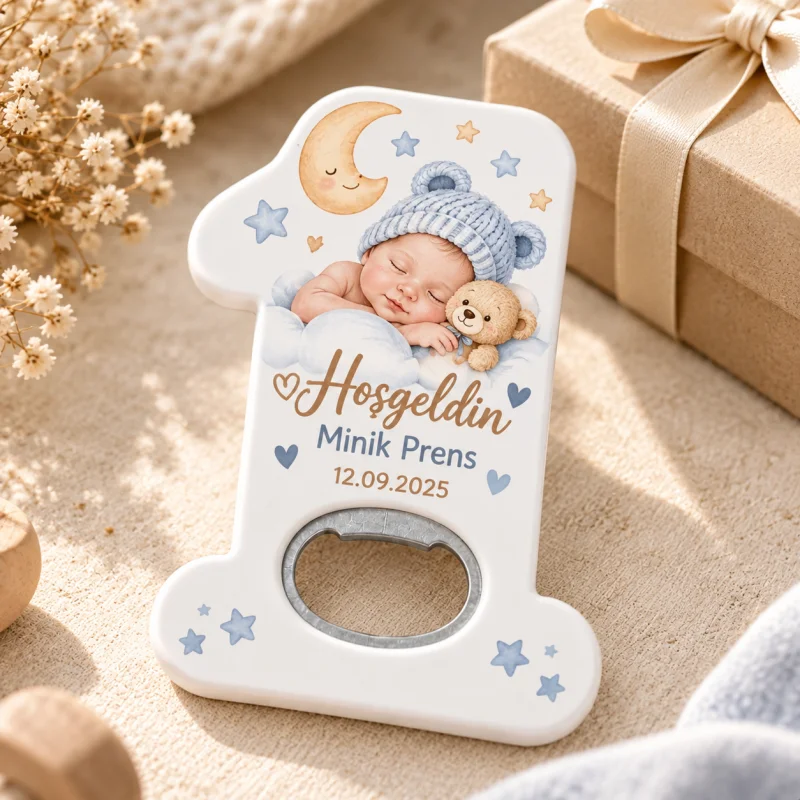 Hoş Geldin Bebek Açacak Magnet – Kişiye Özel Yenidoğan Hediyeliği (Mavi Bere Minik Prens)