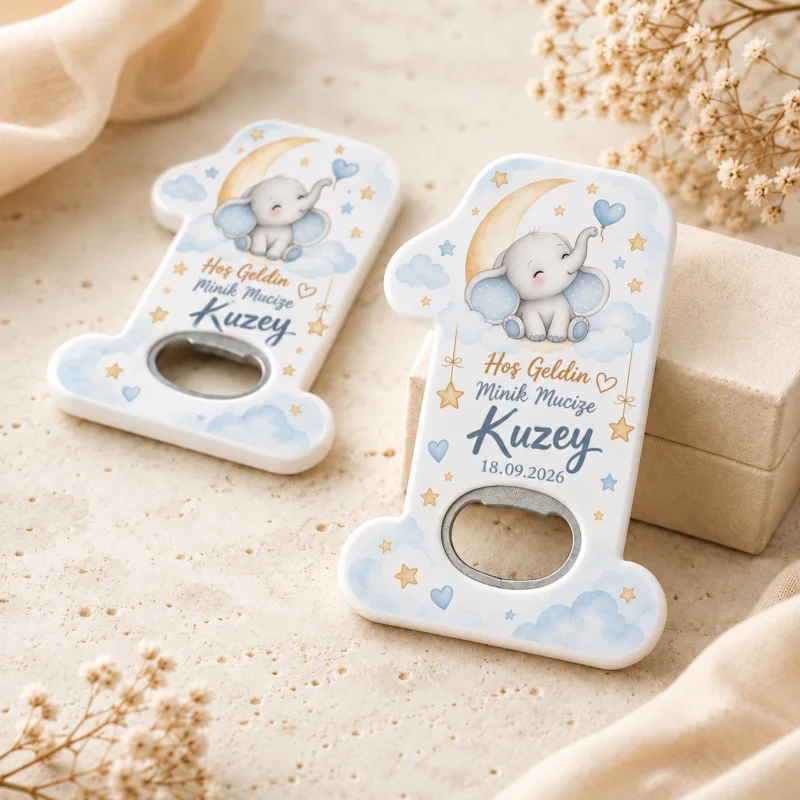 Hoş Geldin Bebek Açacak Magnet – Kişiye Özel Yenidoğan Hediyeliği (Mavi Fil Mucize)