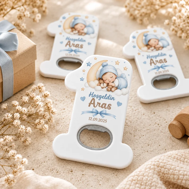 Hoş Geldin Bebek Açacak Magnet – Kişiye Özel Yenidoğan Hediyeliği (Mavi Fiyonklu Hosgeldin)