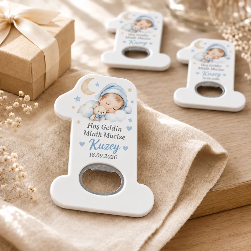 Hoş Geldin Bebek Açacak Magnet – Kişiye Özel Yenidoğan Hediyeliği (Mavi Uyuyan Mucize)