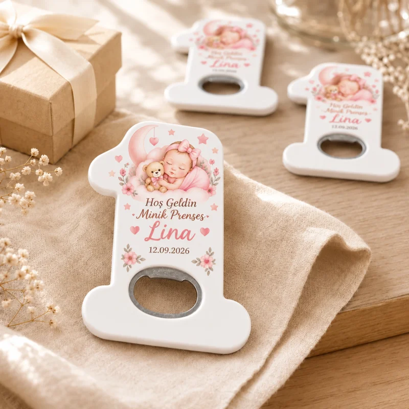 Hoş Geldin Bebek Açacak Magnet – Kişiye Özel Yenidoğan Hediyeliği (Pembe Prenses Cicekli)