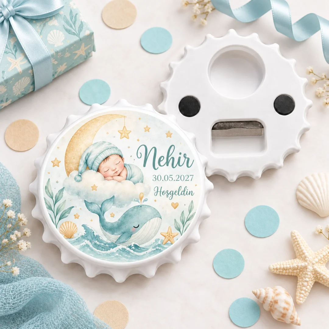 Hoşgeldin Bebek Yeşil Botanik Çelenk Yuvarlak Açacak Magnet