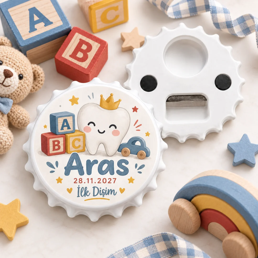 Kişiye Özel ABC Blok Erkek Bebek İlk Diş Yuvarlak Açacak Magnet
