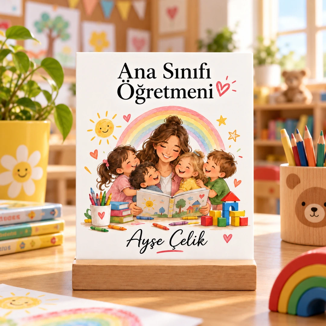 Kişiye Özel Ana Sınıfı Öğretmeni Pleksi Masa Üstü Tablo – Gökkuşağı ve Çocuklar - Öğretmene Hediye | Bicazip - 2. görsel