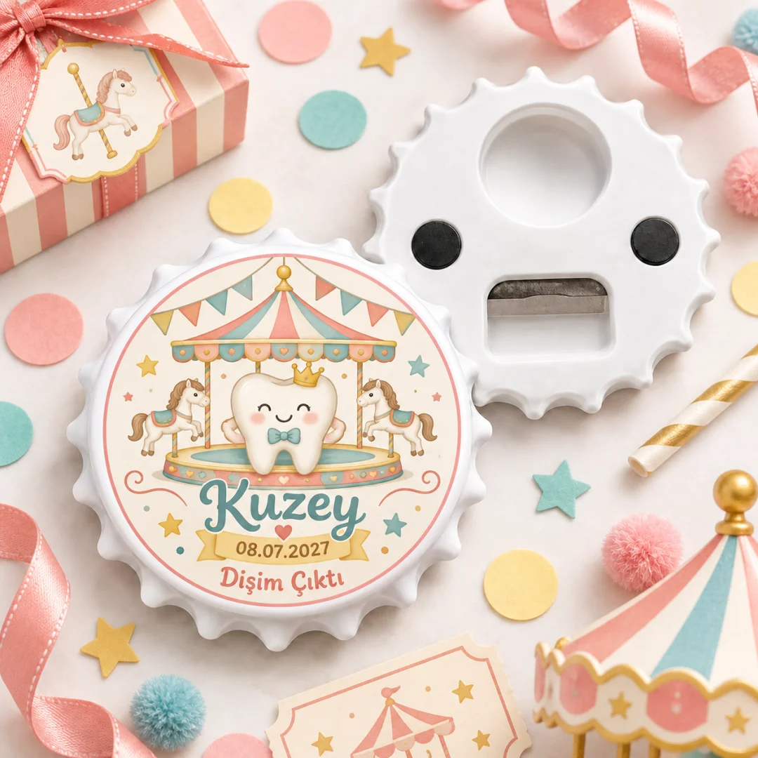 Kişiye Özel Atlıkarınca Diş Çıktı Yuvarlak Açacak Magnet - Pastel