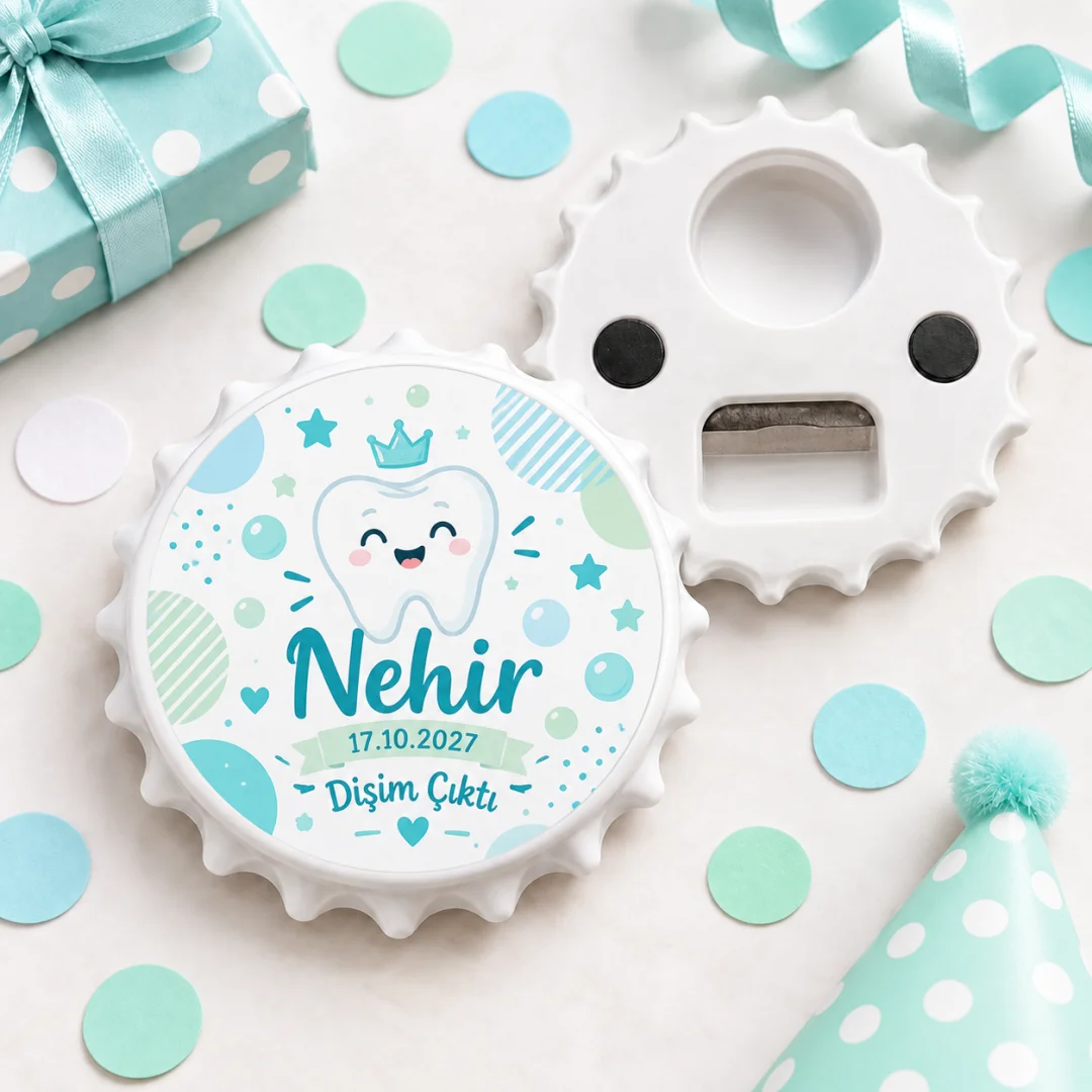 Kişiye Özel Bebek Diş Çıktı Yuvarlak Açacak Magnet - Mint Kabarcık
