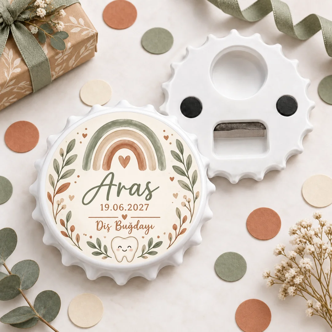 Kişiye Özel Boho Gökkuşağı Diş Buğdayı Yuvarlak Açacak Magnet