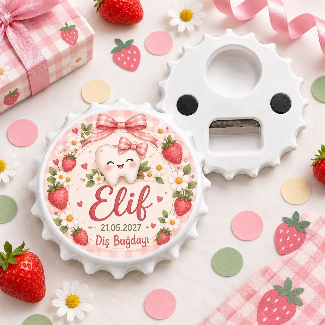 Kişiye Özel Çilekli Kız Bebek Diş Buğdayı Yuvarlak Açacak Magnet