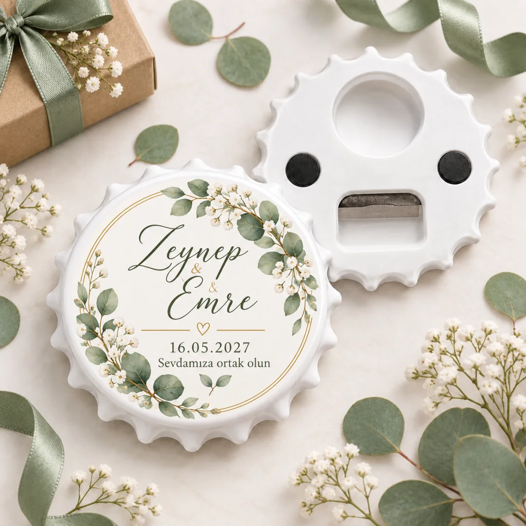 Kişiye Özel Düğün Söz Nişan Beyaz Lily Elegant Yuvarlak Açacak Magnet