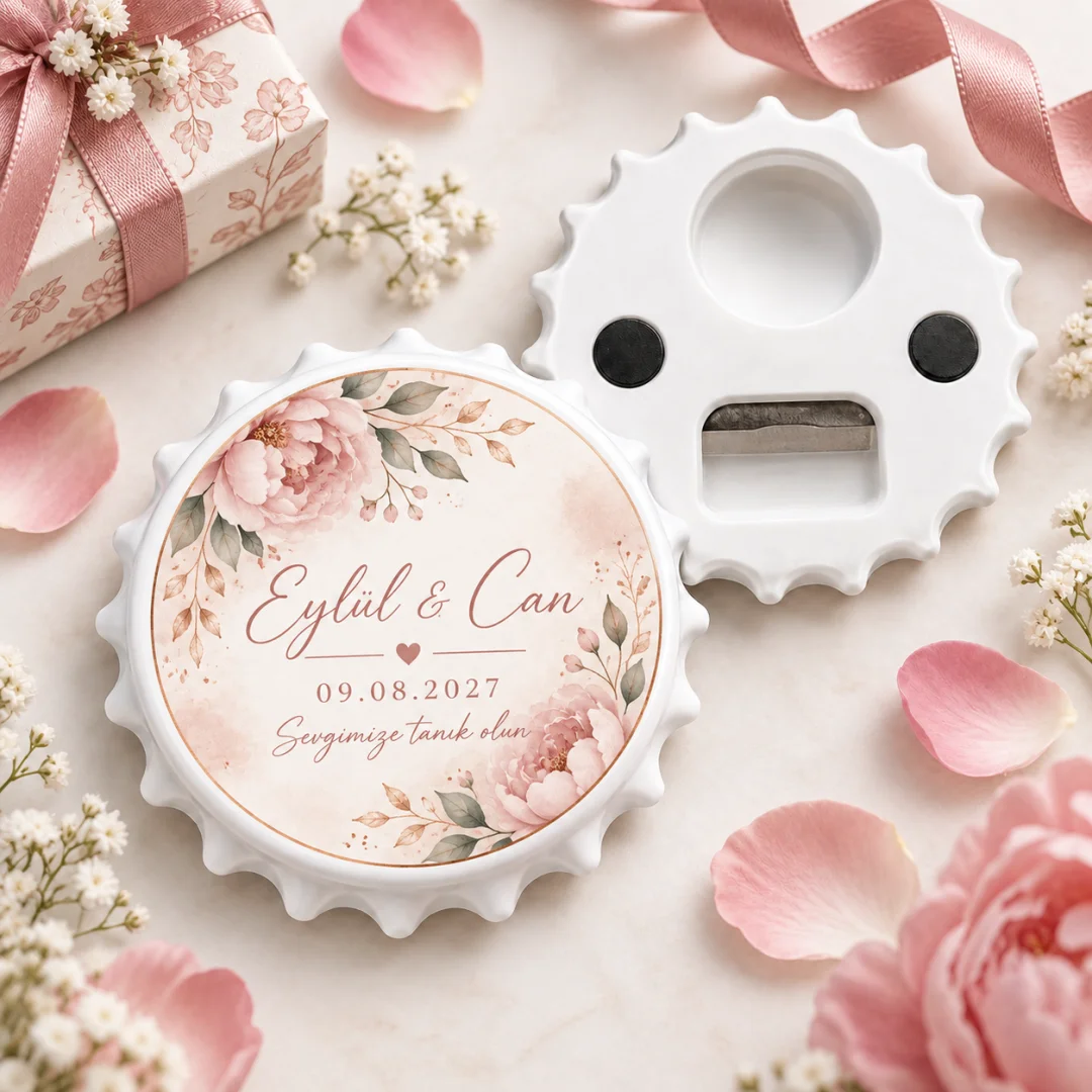 Kişiye Özel Düğün Söz Nişan Elegant Beyaz Gül Yuvarlak Açacak Magnet