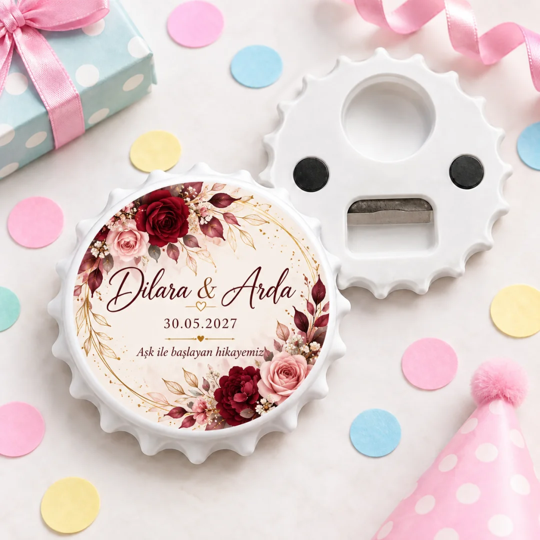 Kişiye Özel Düğün Söz Nişan Elegant Yeşil Yaprak Yuvarlak Açacak Magnet