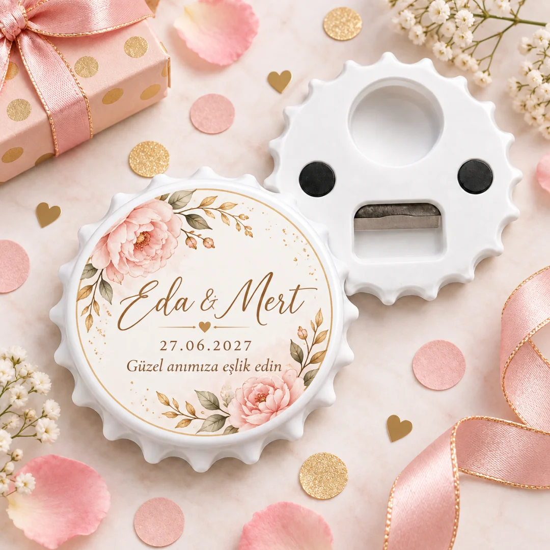 Kişiye Özel Düğün Söz Nişan Pastel Pembe Rose Yuvarlak Açacak Magnet