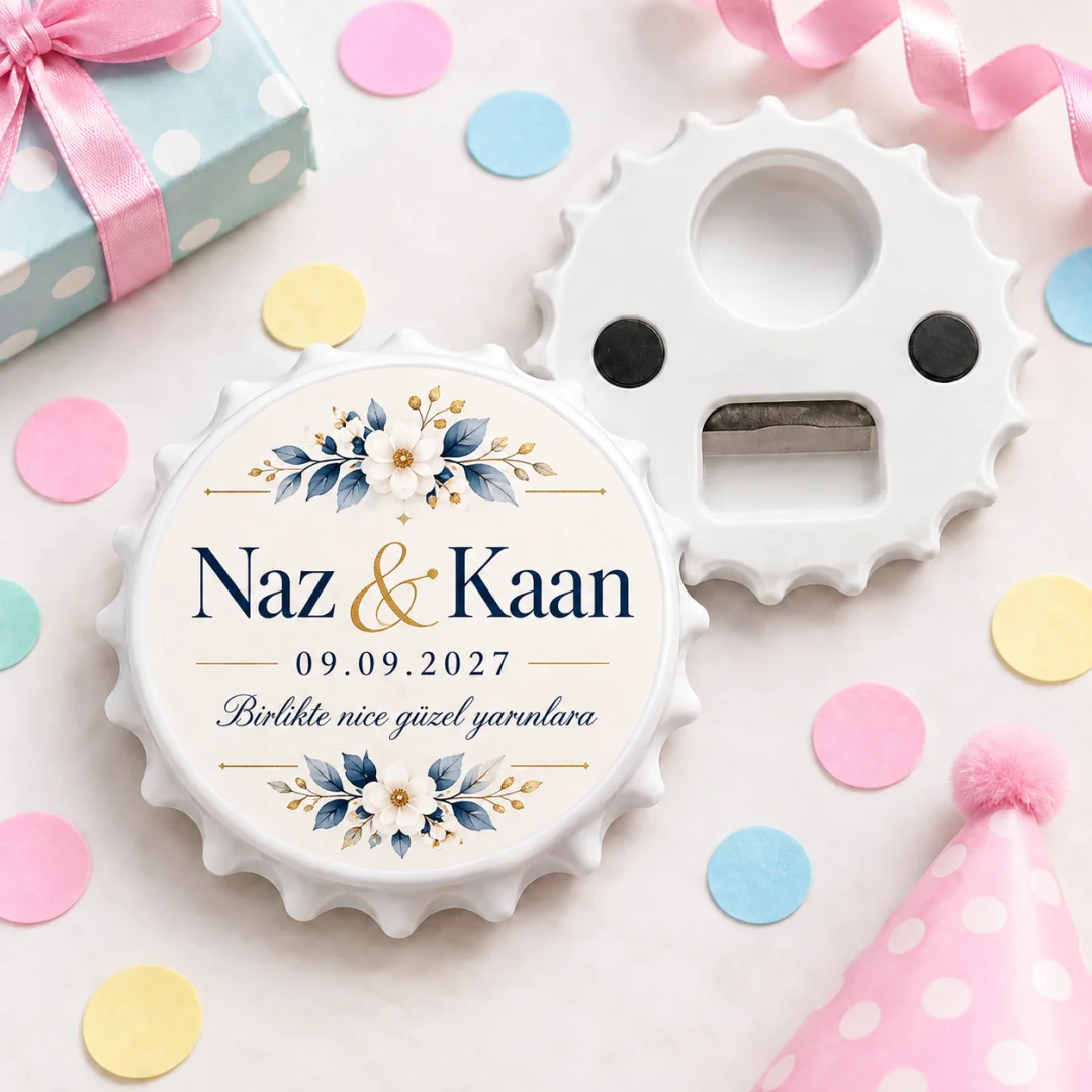 Kişiye Özel Düğün Söz Nişan Rustik Krem Boho Yuvarlak Açacak Magnet