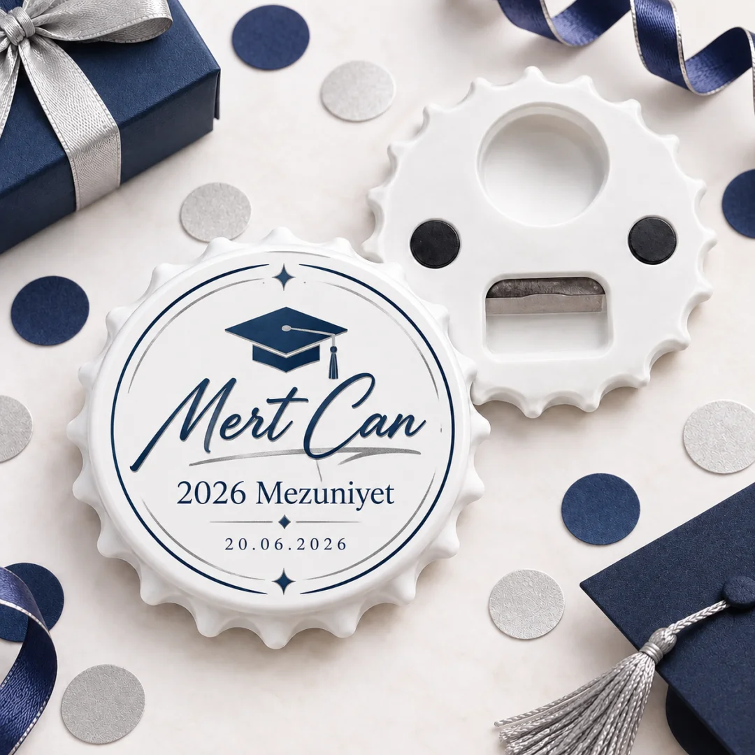 Kişiye Özel Elegant Beyaz Altın Mezuniyet Yuvarlak Açacak Magnet