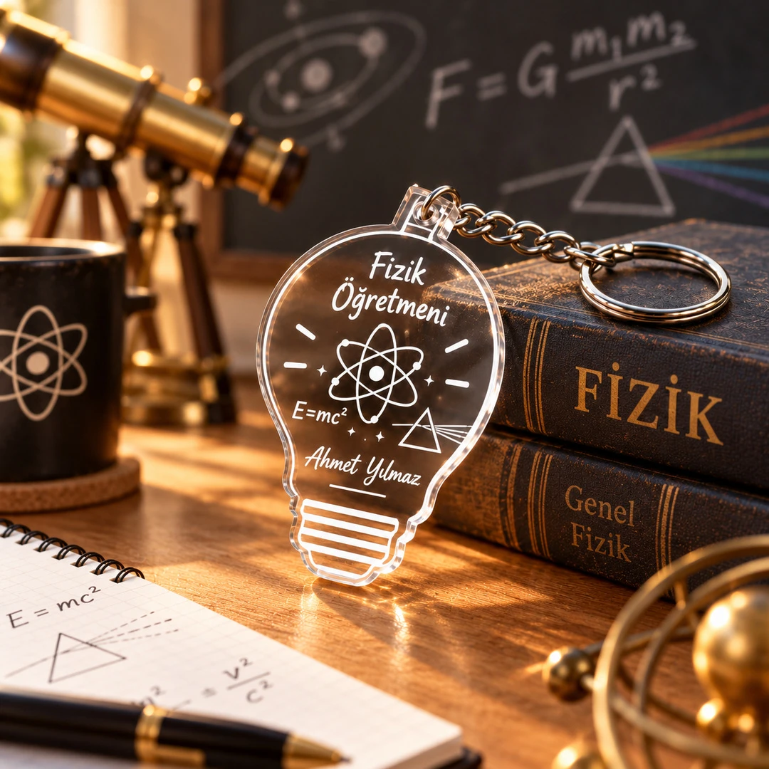 Kişiye Özel Fizik Öğretmeni Pleksi Anahtarlık – Ampul ve Atom - Anahtarlık | Bicazip - 2. görsel