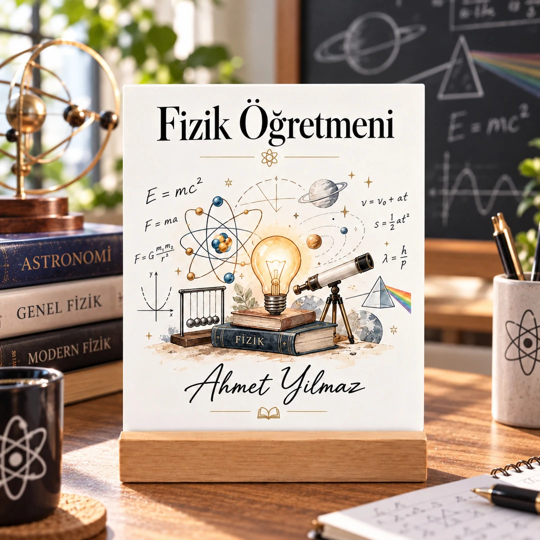 Kişiye Özel Fizik Öğretmeni Pleksi Masa Üstü Tablo – Ampul ve Teleskop - Öğretmene Hediye | Bicazip - 2. görsel