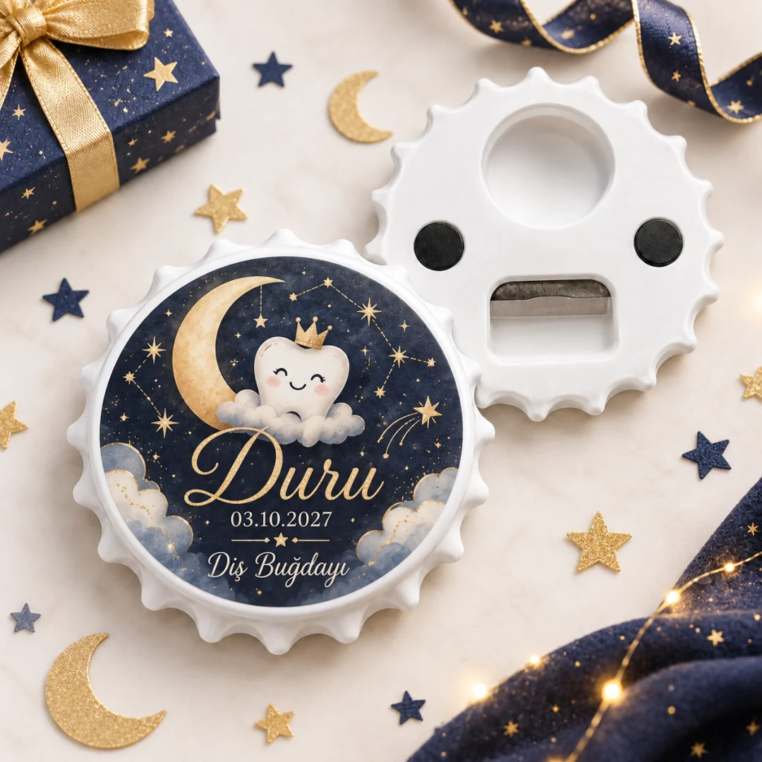 Kişiye Özel Gece Yıldız Diş Buğdayı Yuvarlak Açacak Magnet - Lacivert