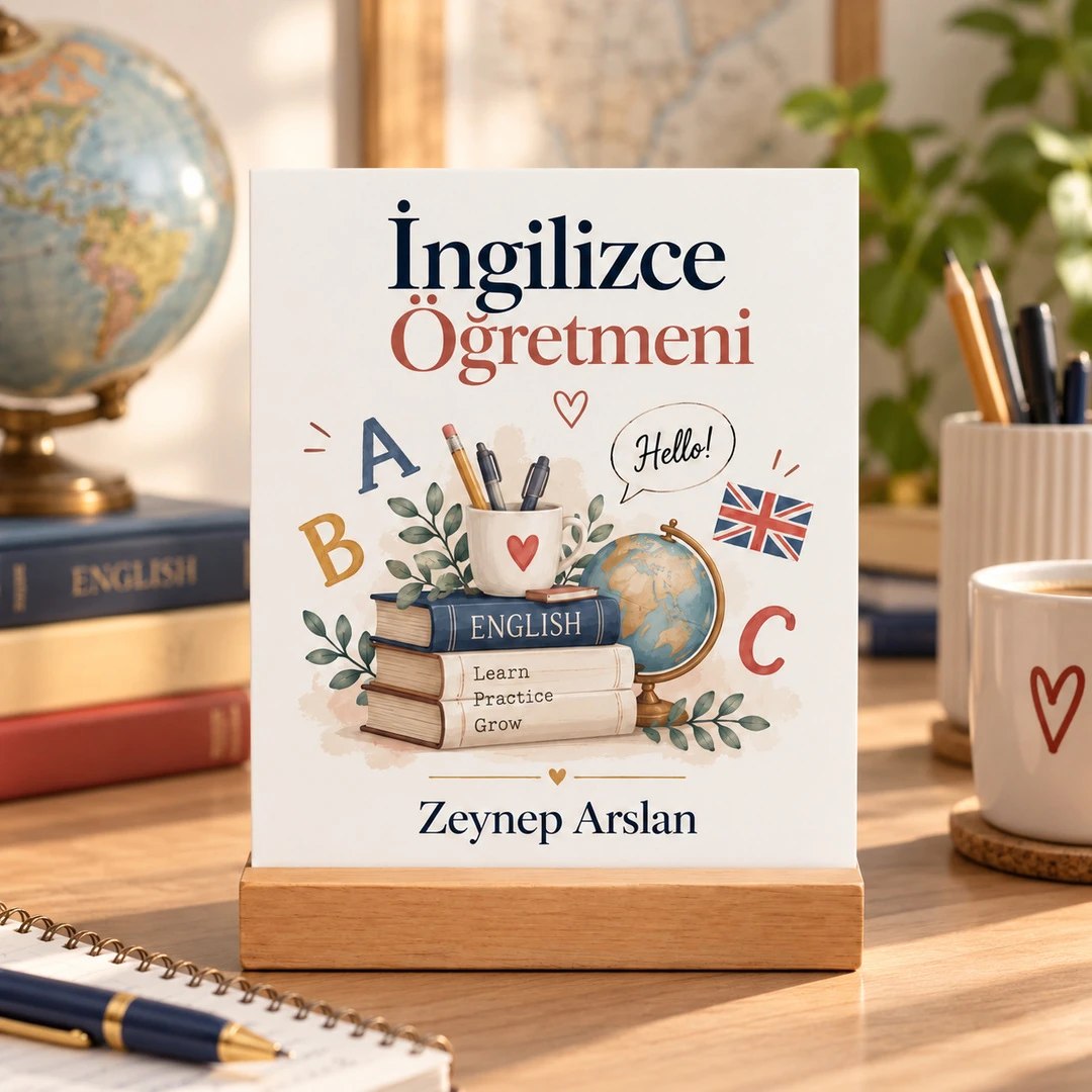 Kişiye Özel İngilizce Öğretmeni Pleksi Masa Üstü Tablo – ABC ve Kitaplar - Öğretmene Hediye | Bicazip - 2. görsel