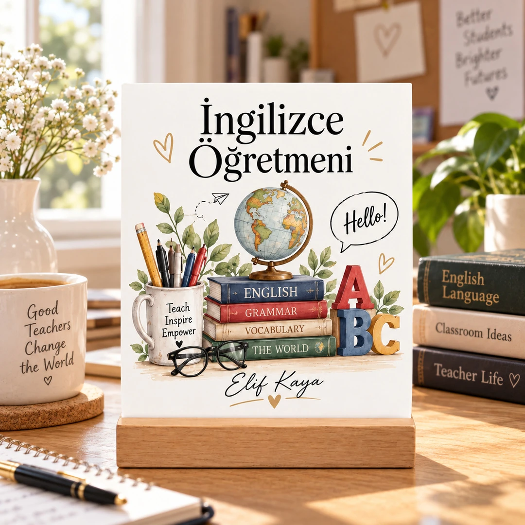 Kişiye Özel İngilizce Öğretmeni Pleksi Masa Üstü Tablo – Dünya Küresi ve Hello - Öğretmene Hediye | Bicazip - 2. görsel