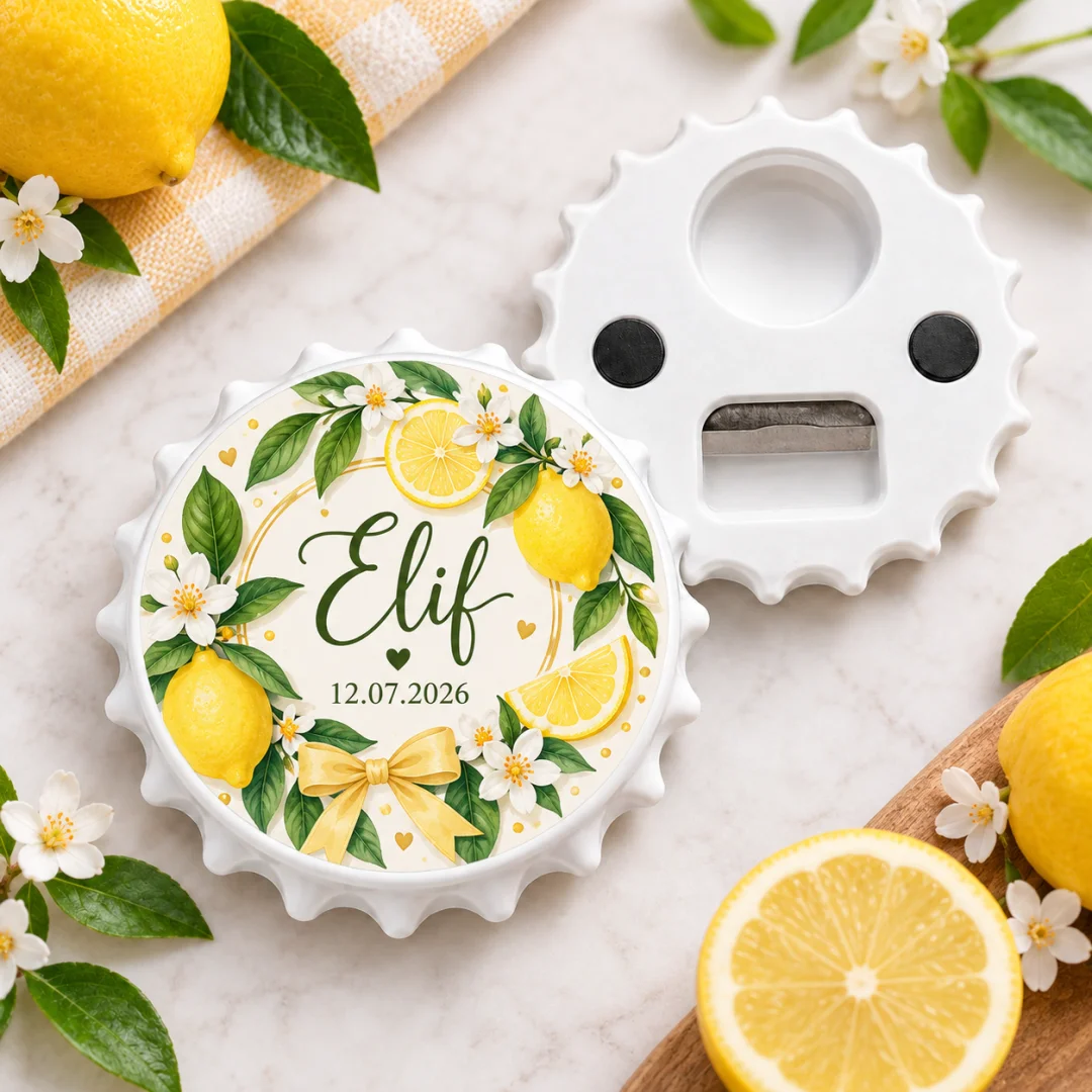 Kişiye Özel Limon Altın Fiyonklu Yuvarlak Açacak Magnet