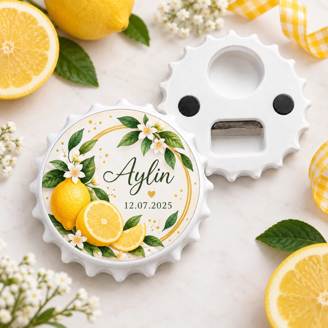 Kişiye Özel Limon Bahçesi Altın Çember Yuvarlak Açacak Magnet
