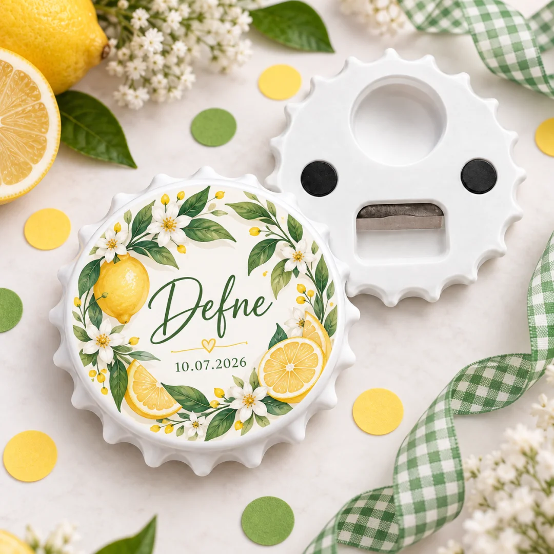 Kişiye Özel Limon Çelenk Yeşil Yaprak Yuvarlak Açacak Magnet