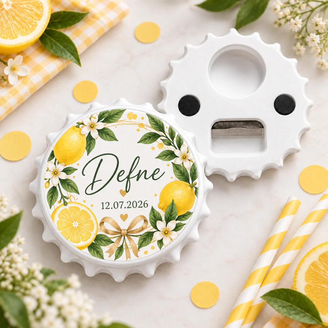 Kişiye Özel Limon Fiyonklu Yuvarlak Açacak Magnet