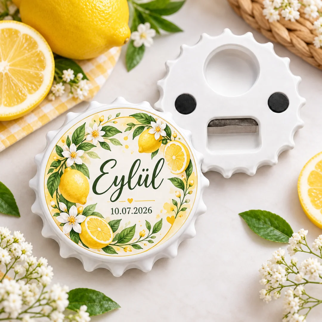 Kişiye Özel Limon Rustik Yuvarlak Açacak Magnet