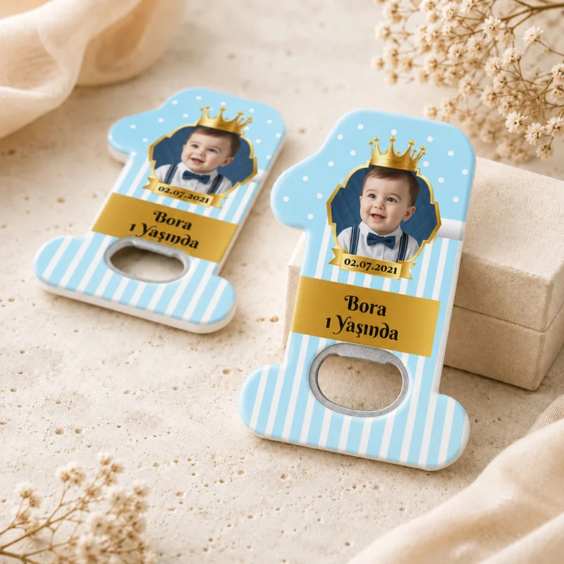 Kişiye Özel Mavi 1 Yaş Açacak Magnet – Erkek Bebek Doğum Günü Hediyeliği - Kişiye Özel | Bicazip - 2. görsel