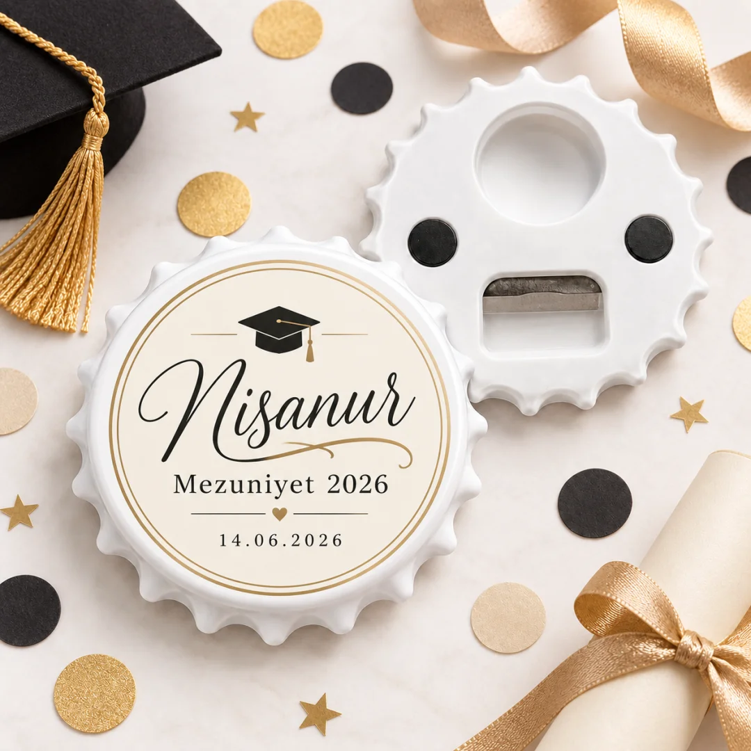 Kişiye Özel Modern Beyaz Şık Mezuniyet Yuvarlak Açacak Magnet