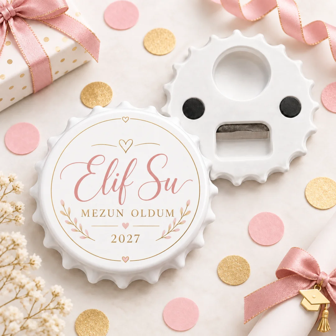 Kişiye Özel Pastel Pembe Rose Mezuniyet Yuvarlak Açacak Magnet