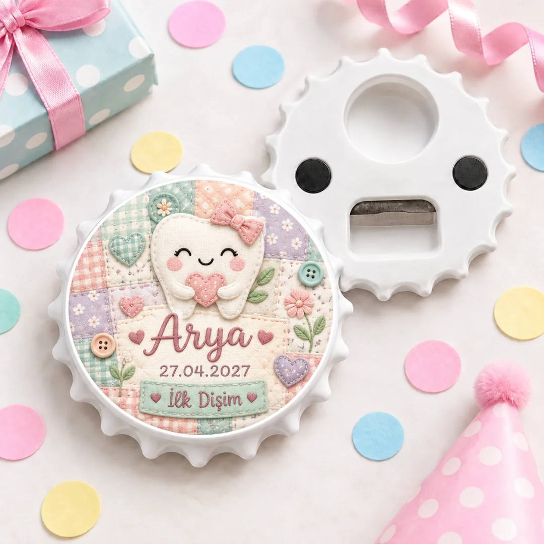 Kişiye Özel Patchwork Kız Bebek İlk Diş Yuvarlak Açacak Magnet