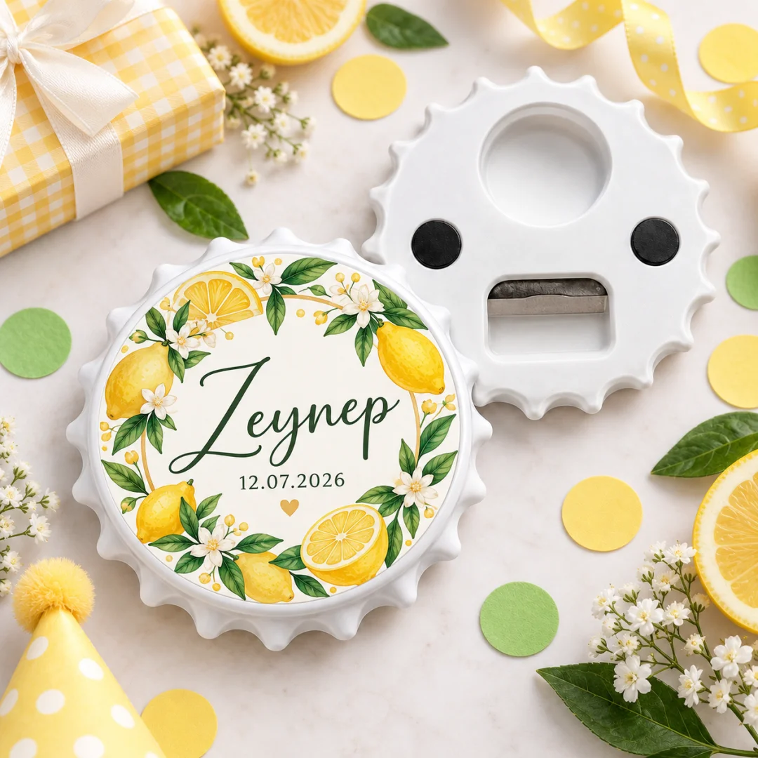 Kişiye Özel Sarı Limon Çelenk Yuvarlak Açacak Magnet