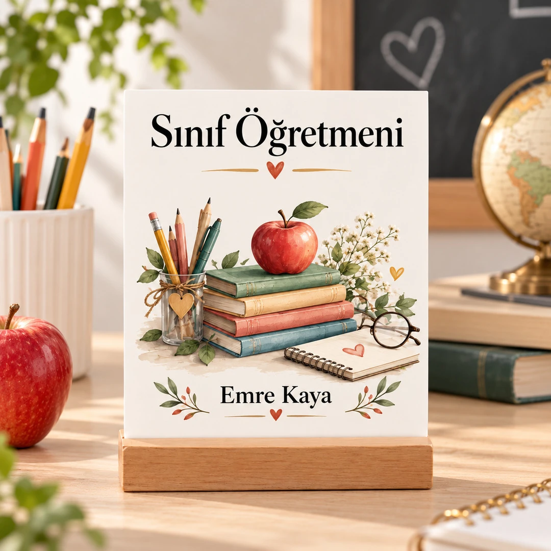 Kişiye Özel Sınıf Öğretmeni Pleksi Masa Üstü Tablo – Elma ve Kitaplar - Öğretmene Hediye | Bicazip - 2. görsel