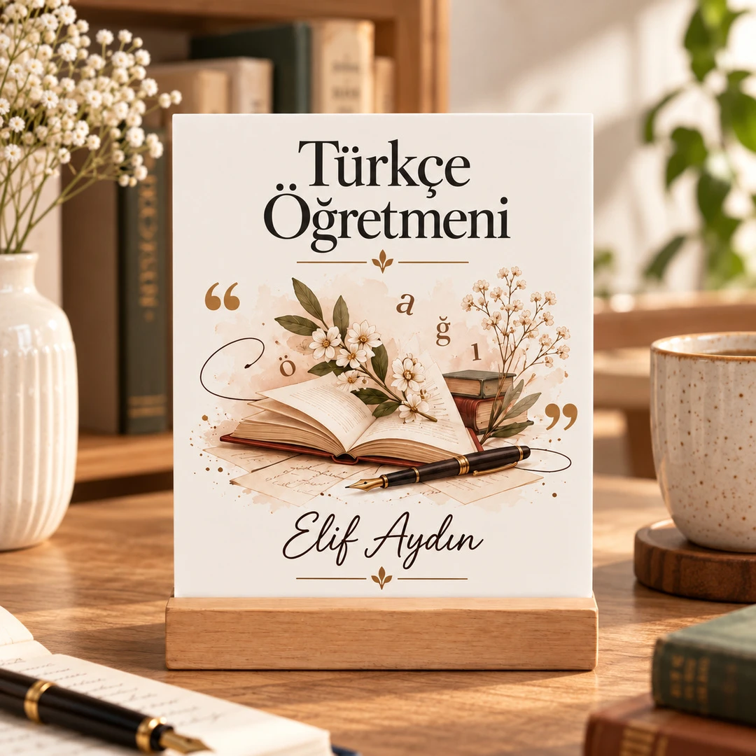 Kişiye Özel Türkçe Öğretmeni Pleksi Masa Üstü Tablo – Açık Kitap ve Çiçekler - Öğretmene Hediye | Bicazip - 2. görsel