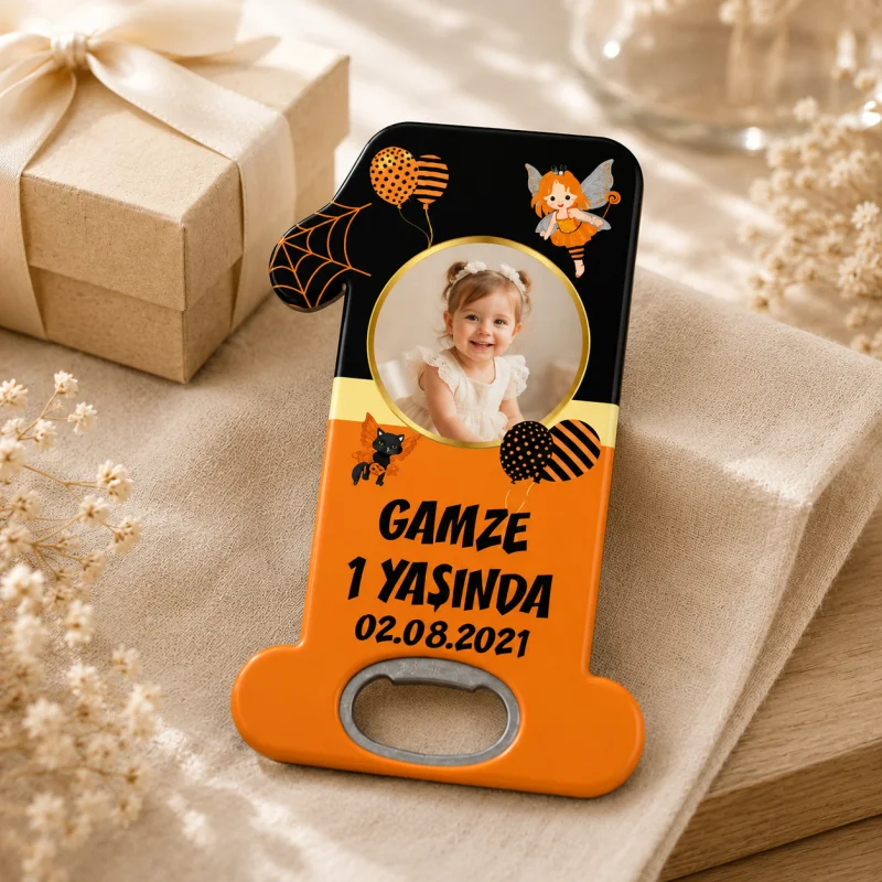 Kişiye Özel Turuncu 1 Yaş Açacak Magnet – Bebek Doğum Günü Hediyeliği