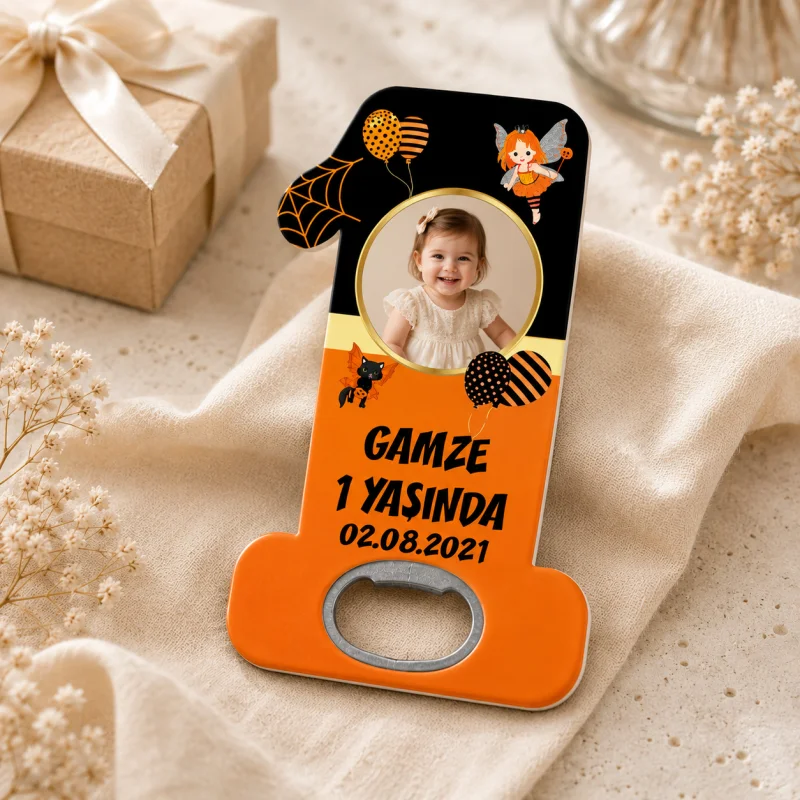 Kişiye Özel Turuncu 1 Yaş Açacak Magnet – Bebek Doğum Günü Hediyeliği - Kişiye Özel | Bicazip - 2. görsel