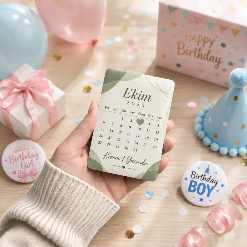 Kişiye Özel Yeşil Boho Minimal Doğum Günü Takvim Magneti - 10 Adet