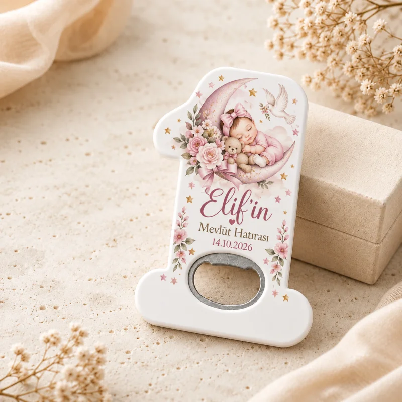 Mevlüt Hatırası Açacak Magnet – Kişiye Özel Bebek Mevlüt Hediyeliği (Pembe Guvercin Hilal Mevlut)