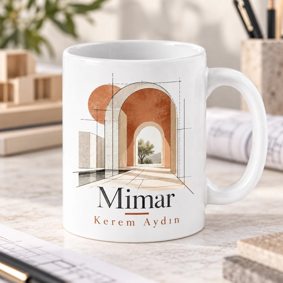 Mimarlara Özel Akdeniz Kemerli Yapı Çizimli Kupa Bardak