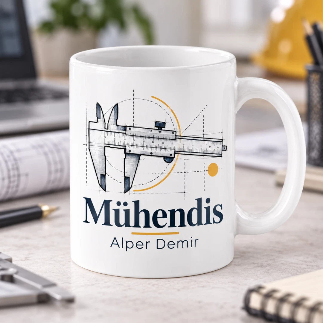 Mühendislere Özel Kaliper Ölçüm Aleti Çizimli Kupa Bardak