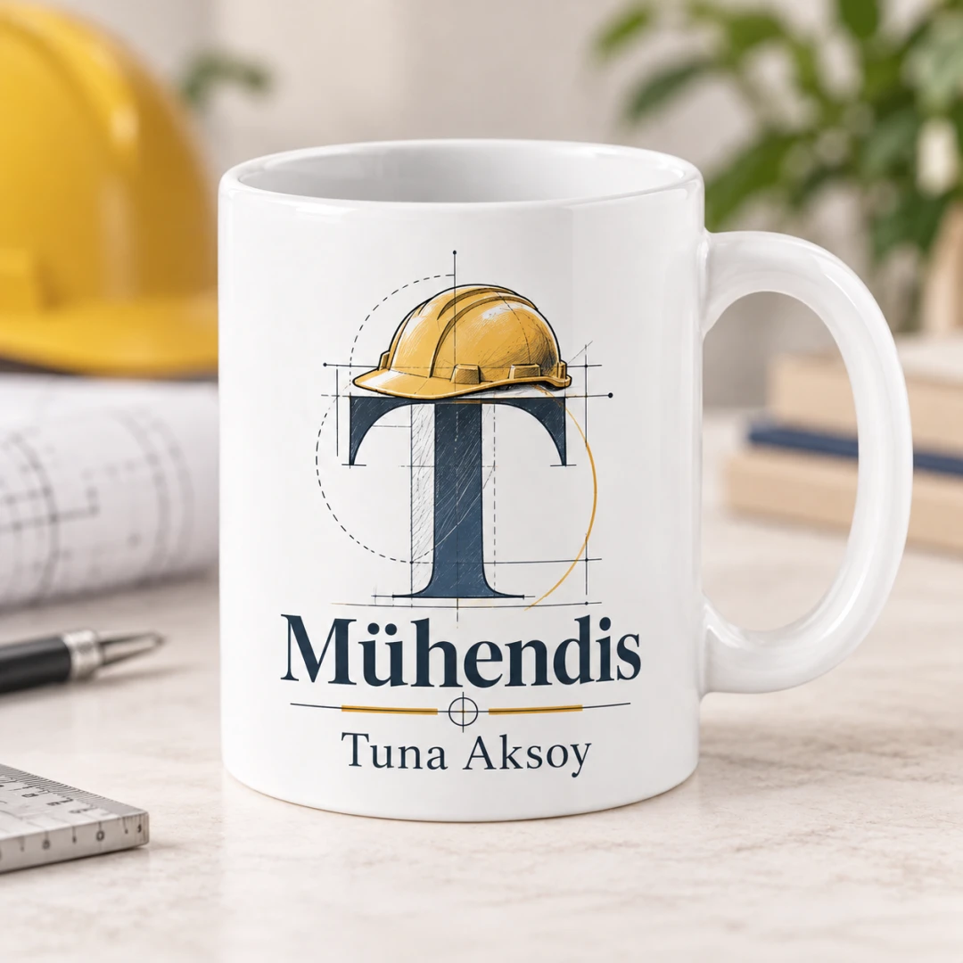 Mühendislere Özel İnşaat Baretli Monogramlı Kupa Bardak