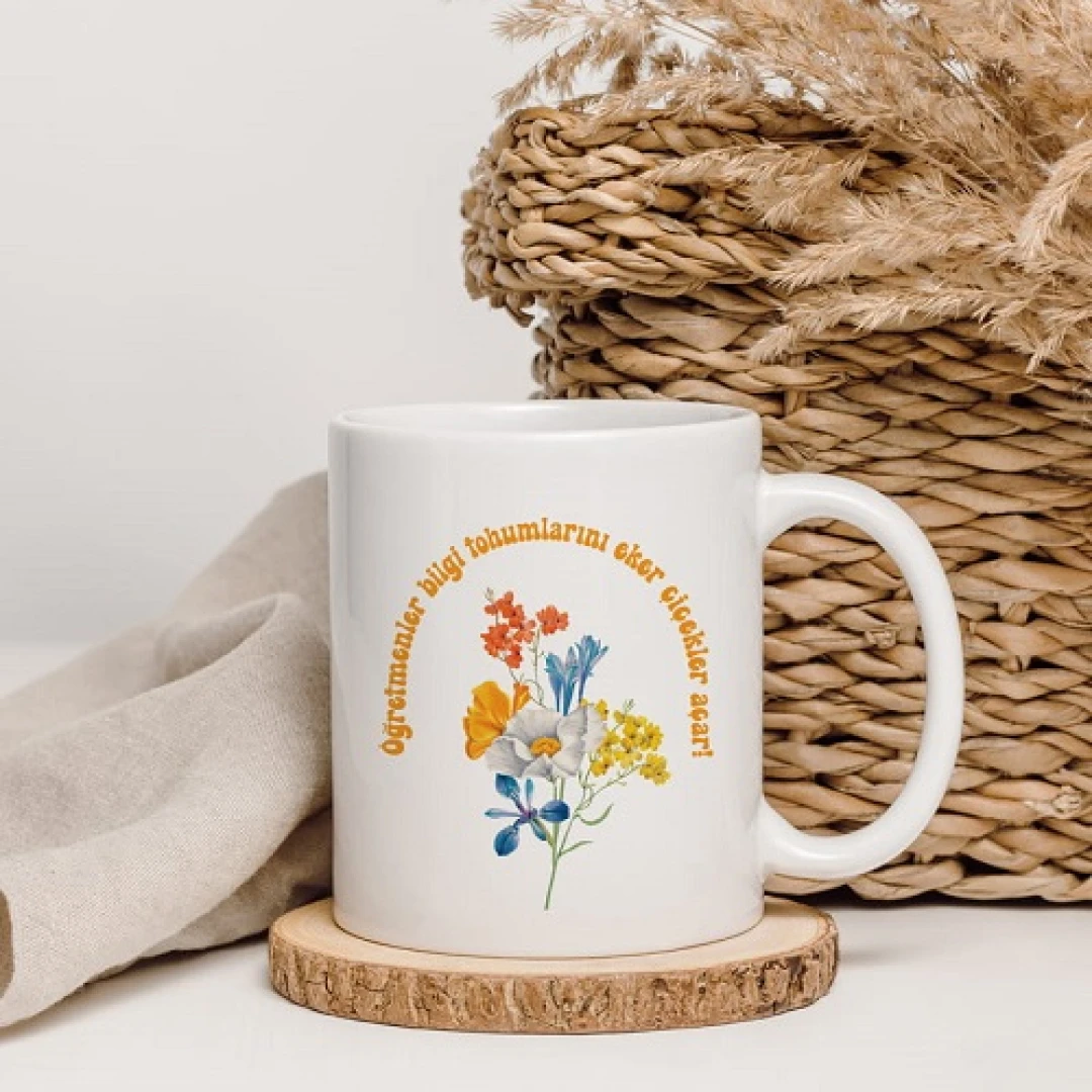 Öğretmenlere Özel Çiçek Tasarımlı Kupa Bardak